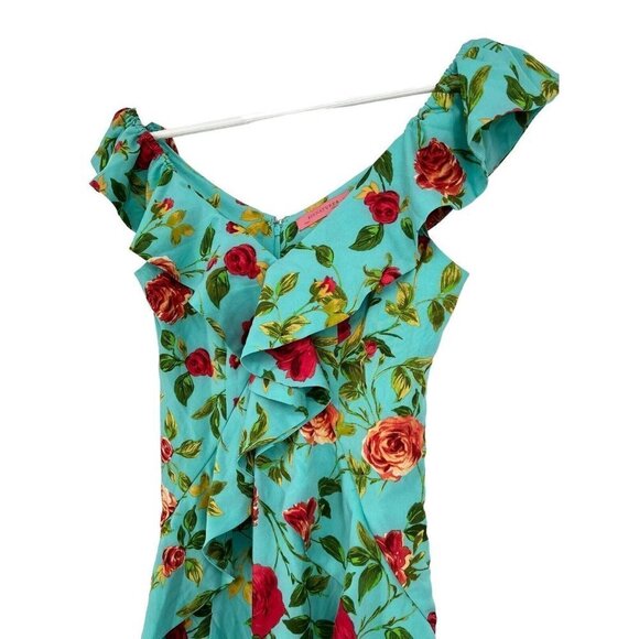 Signatures Ruffle Front Flounce Mini Dress Size S Rose Print Back Zip Ruffle Hem - Picture 15 of 16